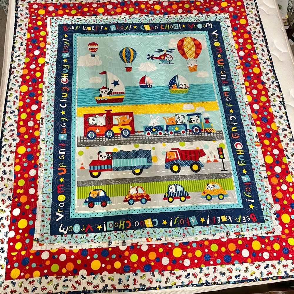 Large Kids Wall Bedroom Quilt ~ Train, Truck, Boat, Bears, Dogs, Cats
